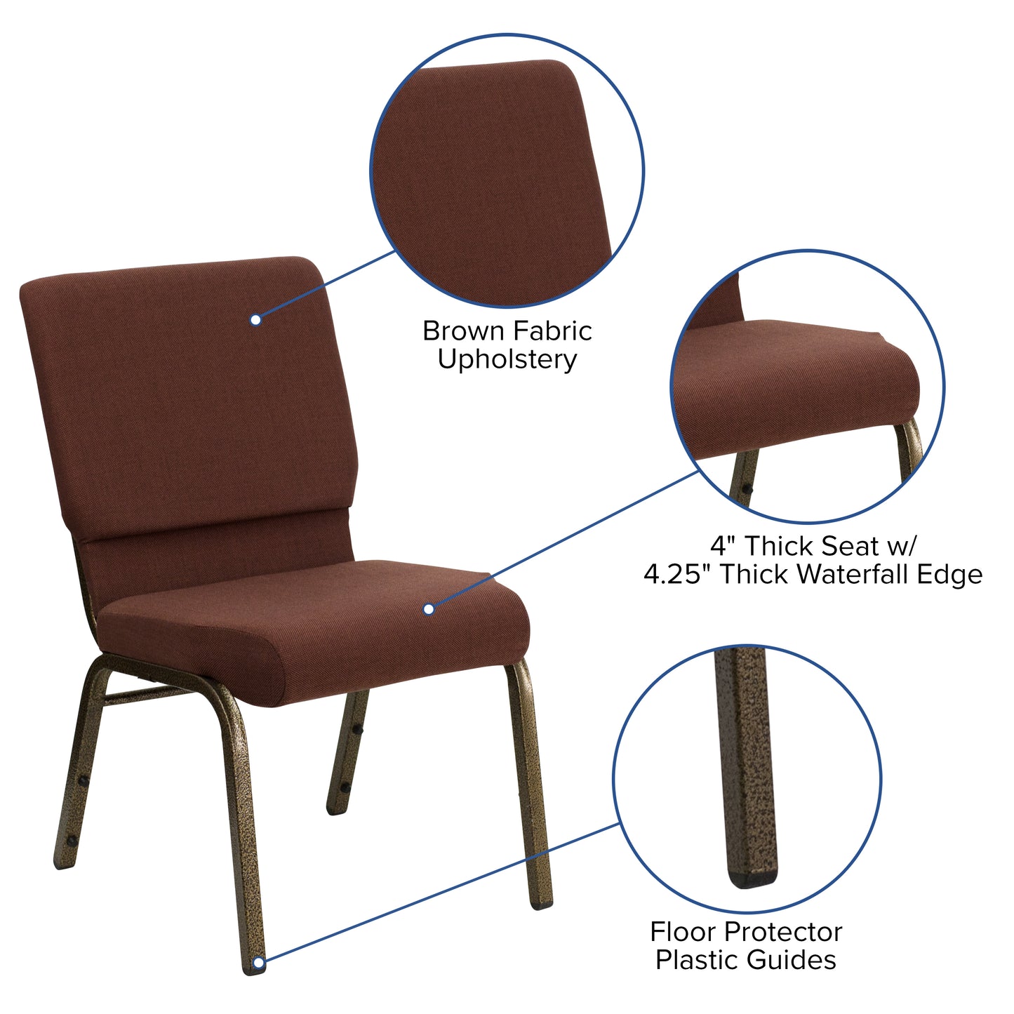 HERCULES Series 18.5''W Stacking Church Chair in Brown Fabric - Gold Vein Frame Brown Fabric/Gold Vein Frame