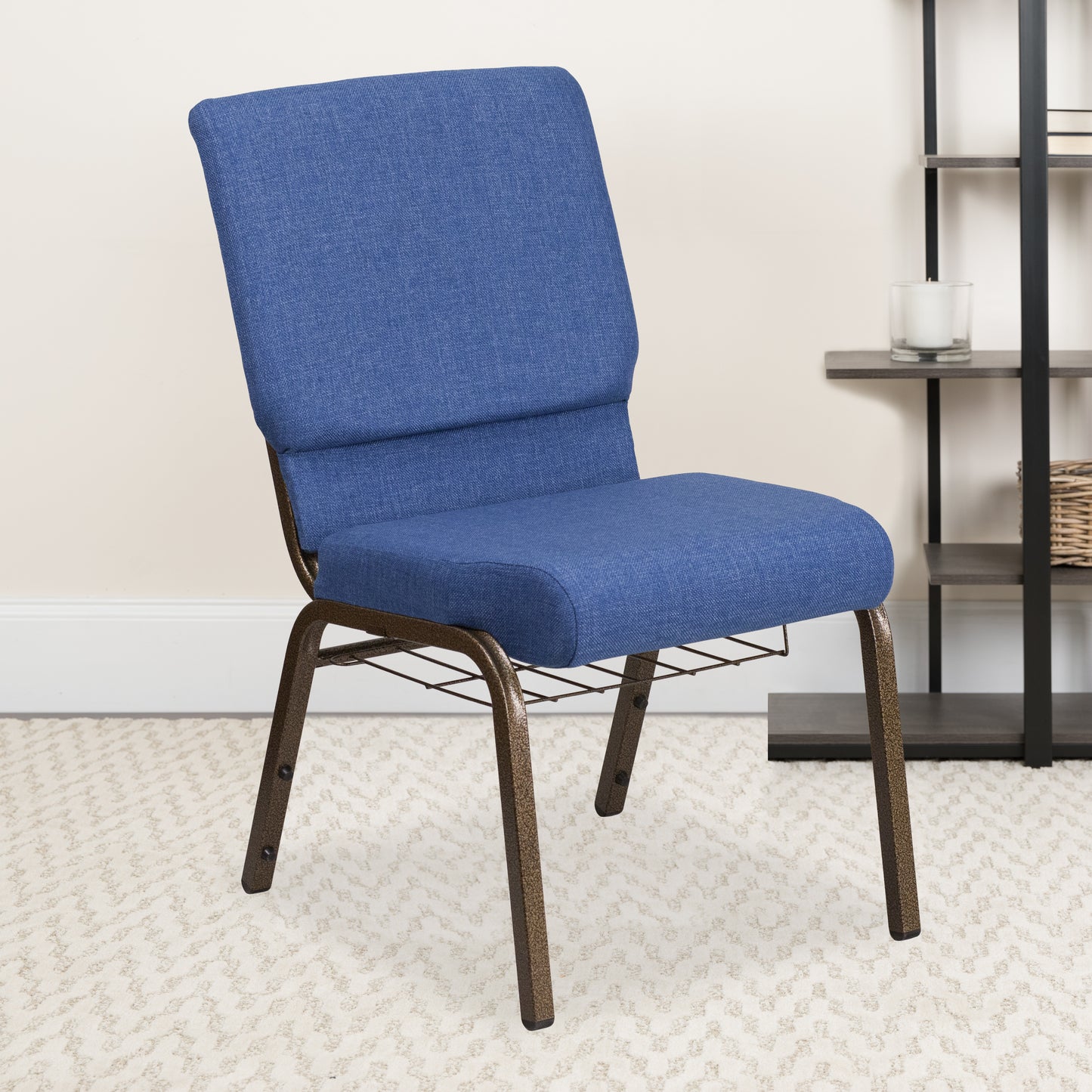 HERCULES Series 18.5''W Church Chair in Blue Fabric with Cup Book Rack - Gold Vein Frame Blue Fabric/Gold Vein Frame