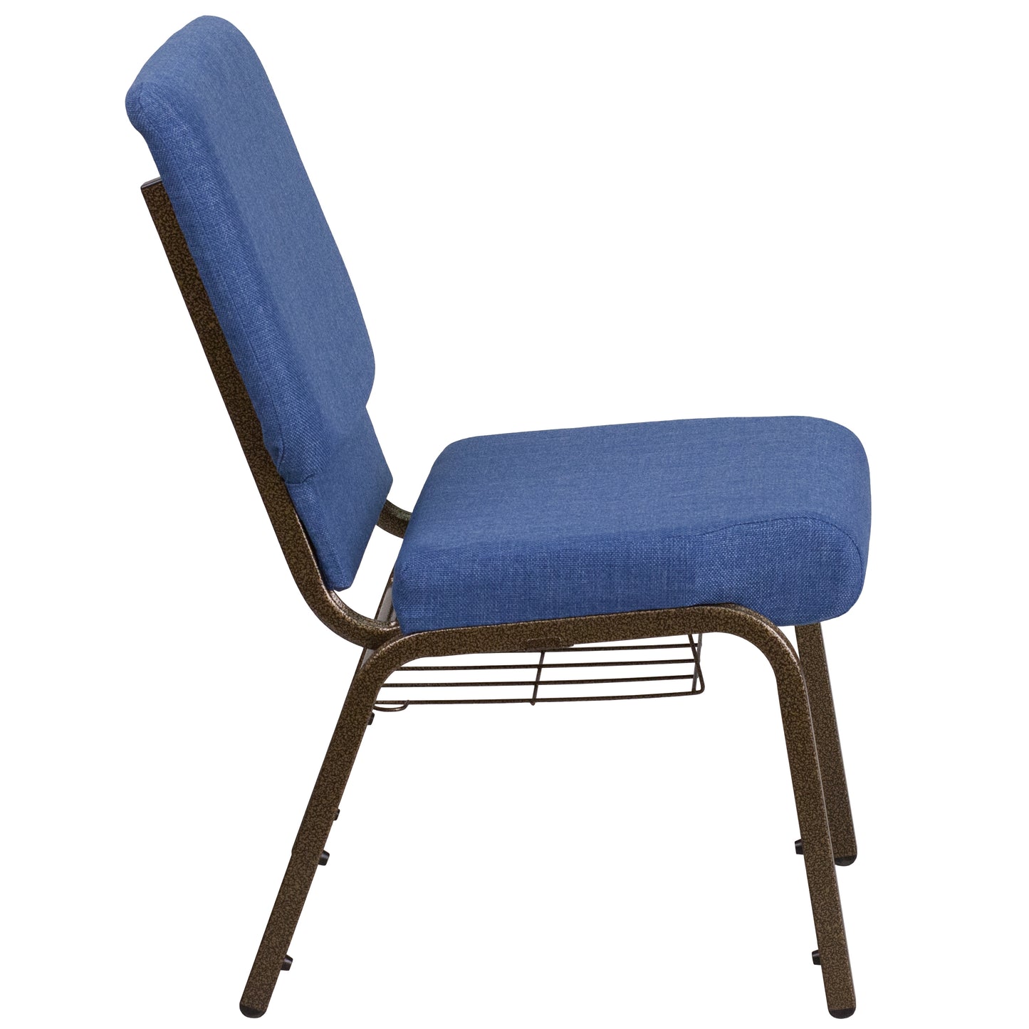 HERCULES Series 18.5''W Church Chair in Blue Fabric with Cup Book Rack - Gold Vein Frame Blue Fabric/Gold Vein Frame