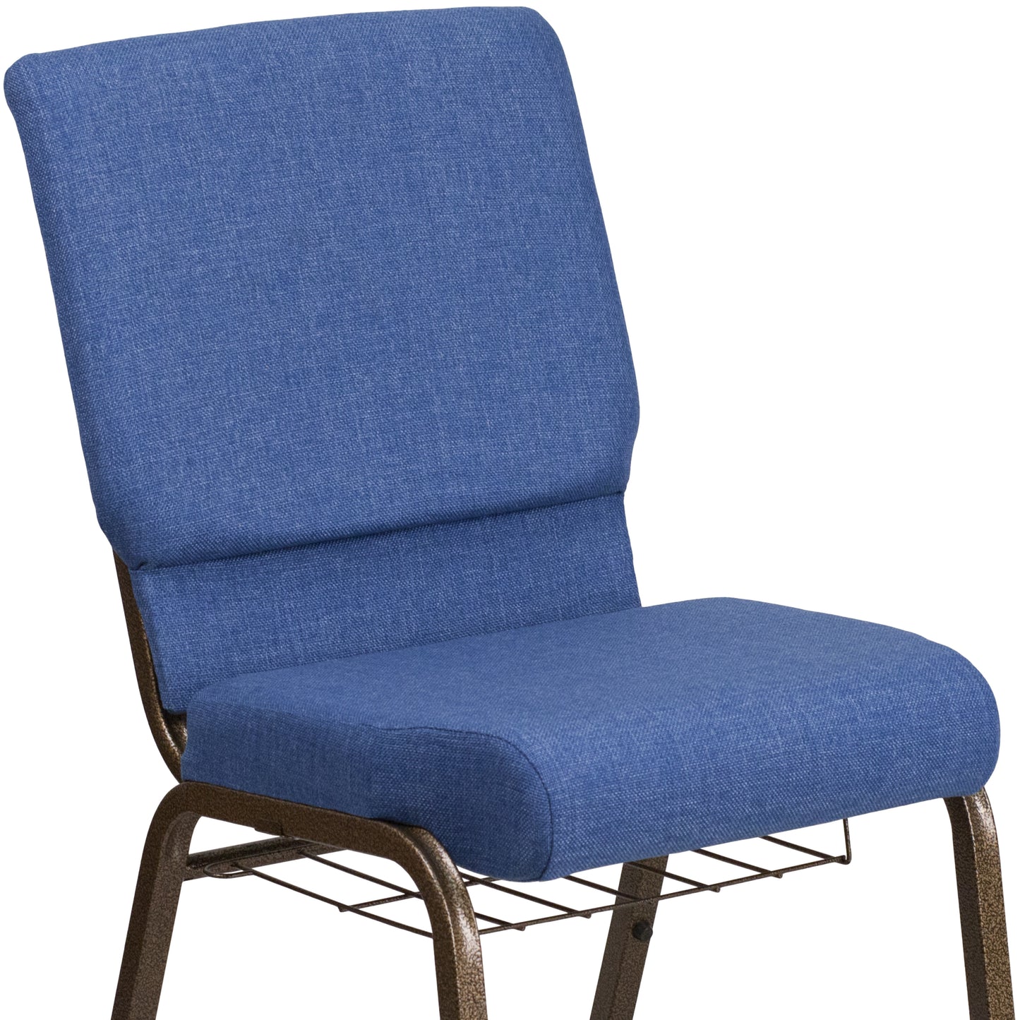 HERCULES Series 18.5''W Church Chair in Blue Fabric with Cup Book Rack - Gold Vein Frame Blue Fabric/Gold Vein Frame