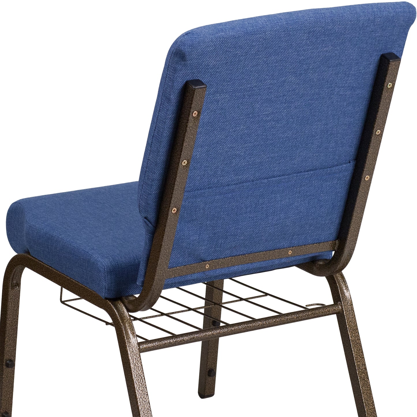 HERCULES Series 18.5''W Church Chair in Blue Fabric with Cup Book Rack - Gold Vein Frame Blue Fabric/Gold Vein Frame