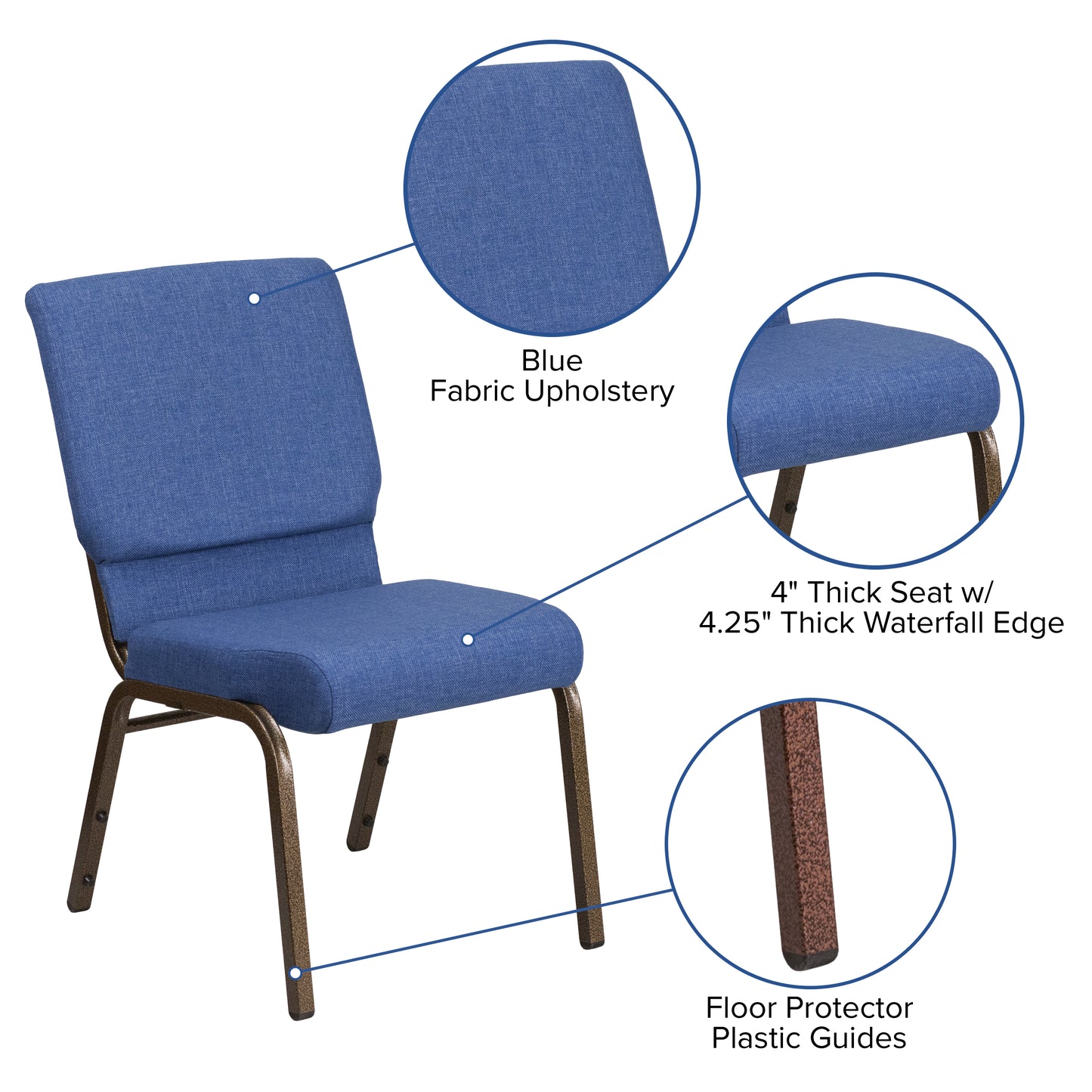 HERCULES Series 18.5''W Stacking Church Chair in Blue Fabric - Gold Vein Frame Blue Fabric/Gold Vein Frame