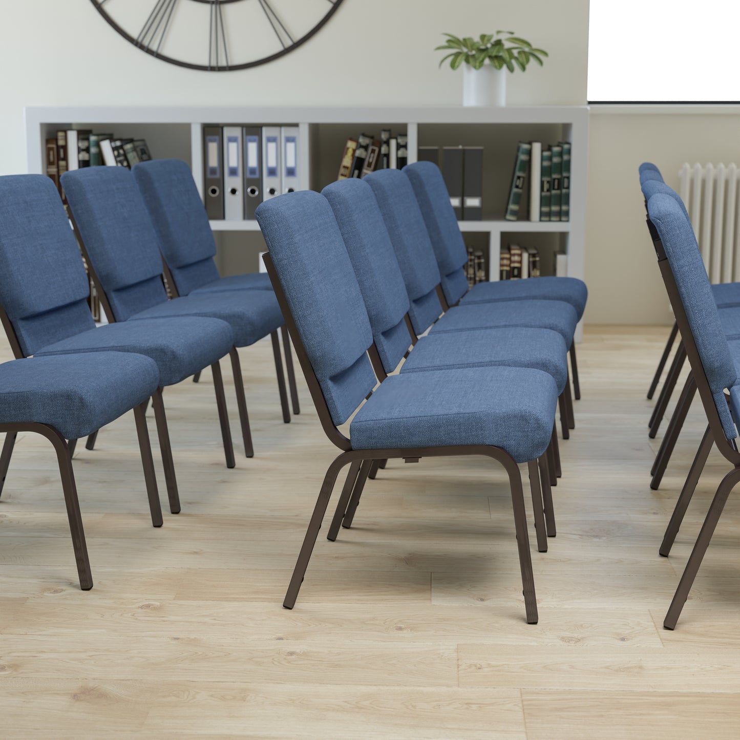 HERCULES Series 18.5''W Stacking Church Chair in Blue Fabric - Gold Vein Frame Blue Fabric/Gold Vein Frame