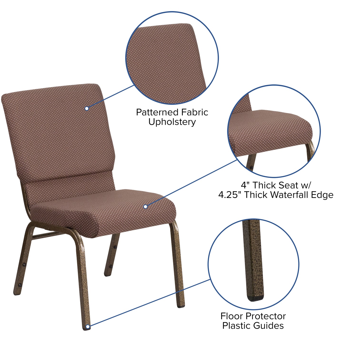 HERCULES Series 18.5''W Stacking Church Chair in Brown Dot Fabric - Gold Vein Frame Brown Dot Fabric/Gold Vein Frame