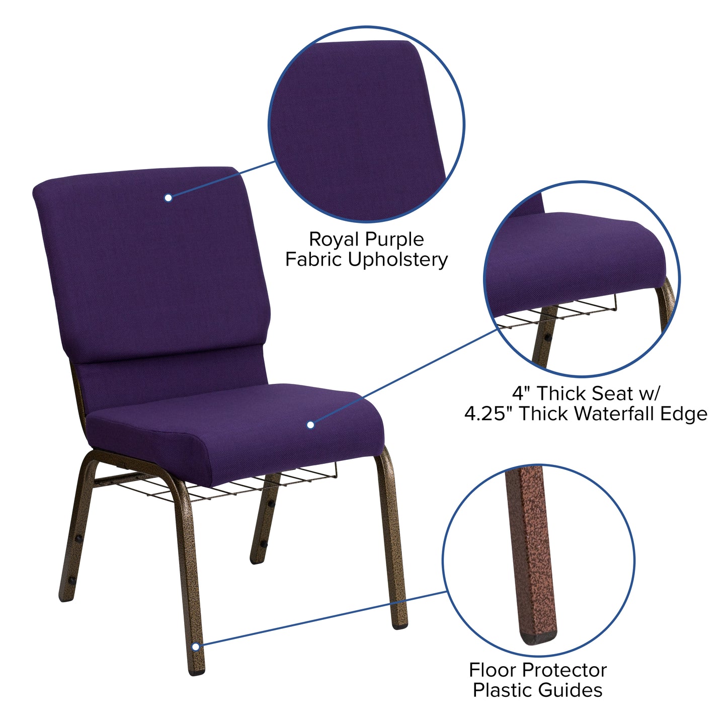 HERCULES Series 18.5''W Church Chair in Royal Purple Fabric with Cup Book Rack - Gold Vein Frame Royal Purple Fabric/Gold Vein Frame