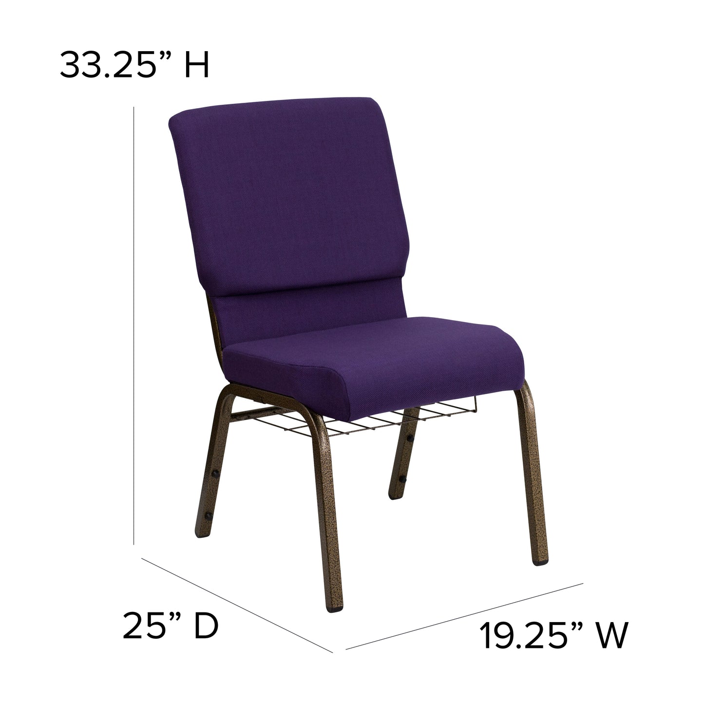 HERCULES Series 18.5''W Church Chair in Royal Purple Fabric with Cup Book Rack - Gold Vein Frame Royal Purple Fabric/Gold Vein Frame