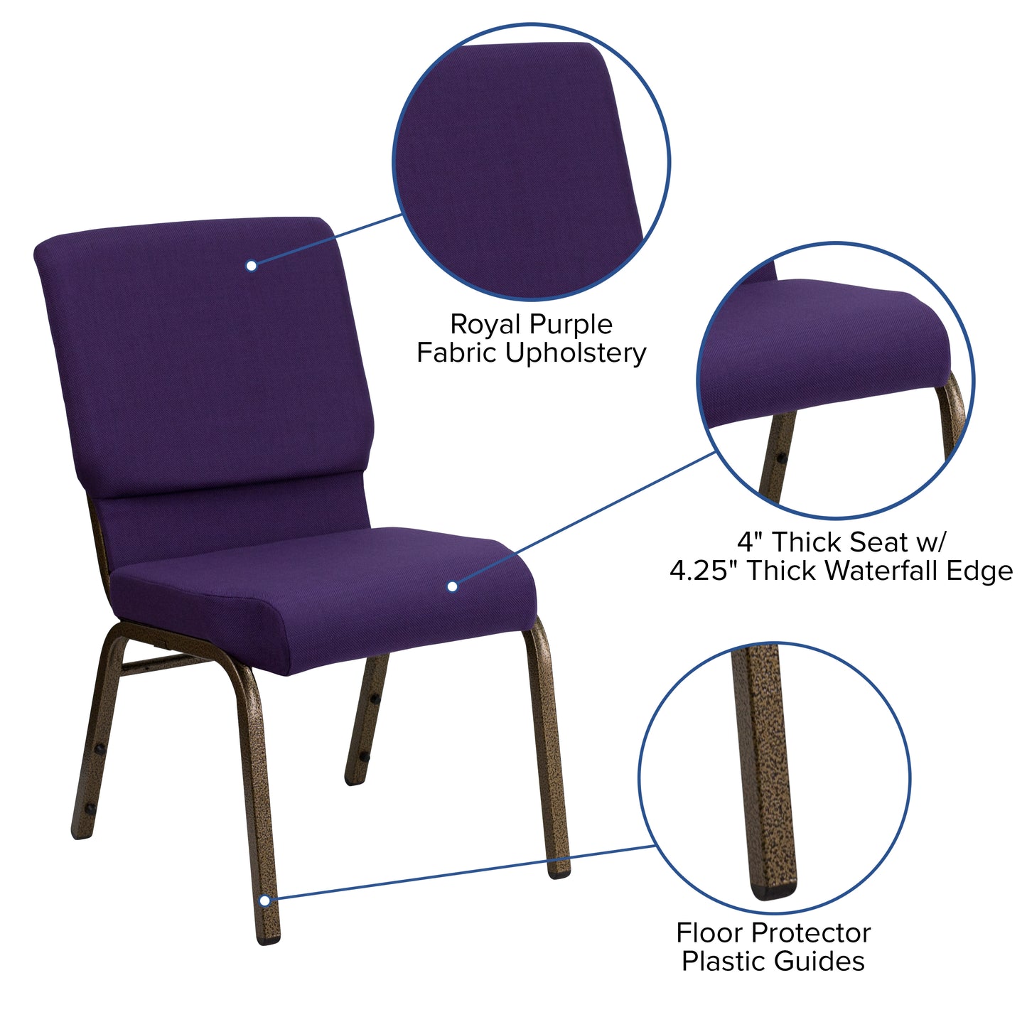 HERCULES Series 18.5''W Stacking Church Chair in Royal Purple Fabric - Gold Vein Frame Royal Purple Fabric/Gold Vein Frame