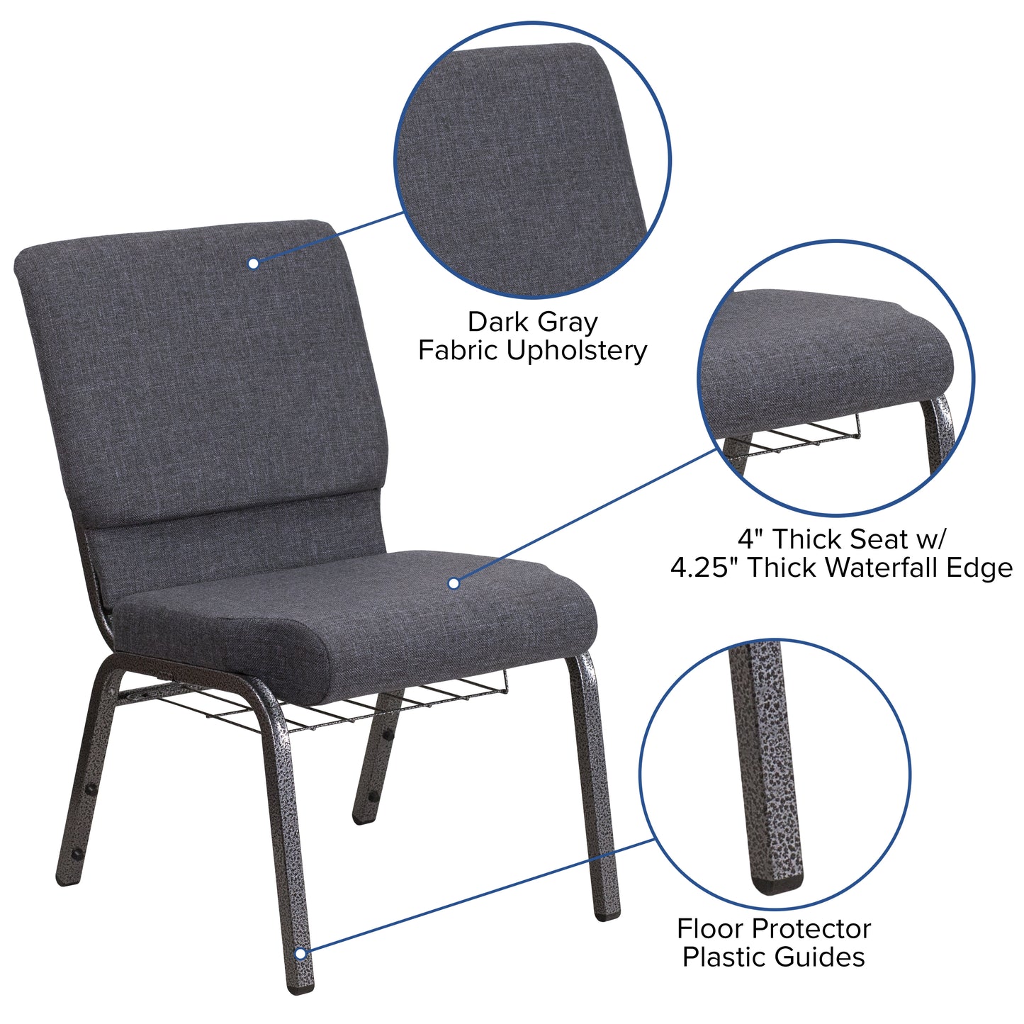 HERCULES Series 18.5''W Church Chair in Dark Gray Fabric with Book Rack - Silver Vein Frame Dark Gray Fabric/Silver Vein Frame