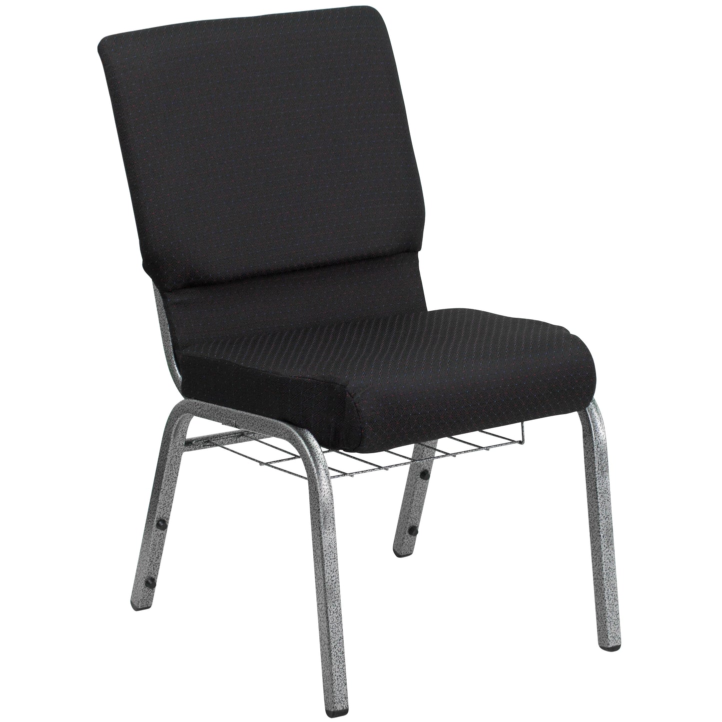 HERCULES Series 18.5''W Church Chair in Black Patterned Fabric with Cup Book Rack - Silver Vein Frame Black Patterned Fabric/Silver Vein Frame