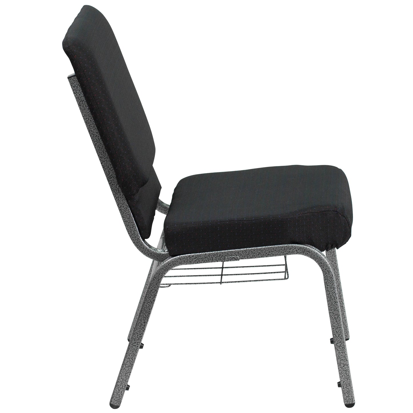 HERCULES Series 18.5''W Church Chair in Black Patterned Fabric with Cup Book Rack - Silver Vein Frame Black Patterned Fabric/Silver Vein Frame