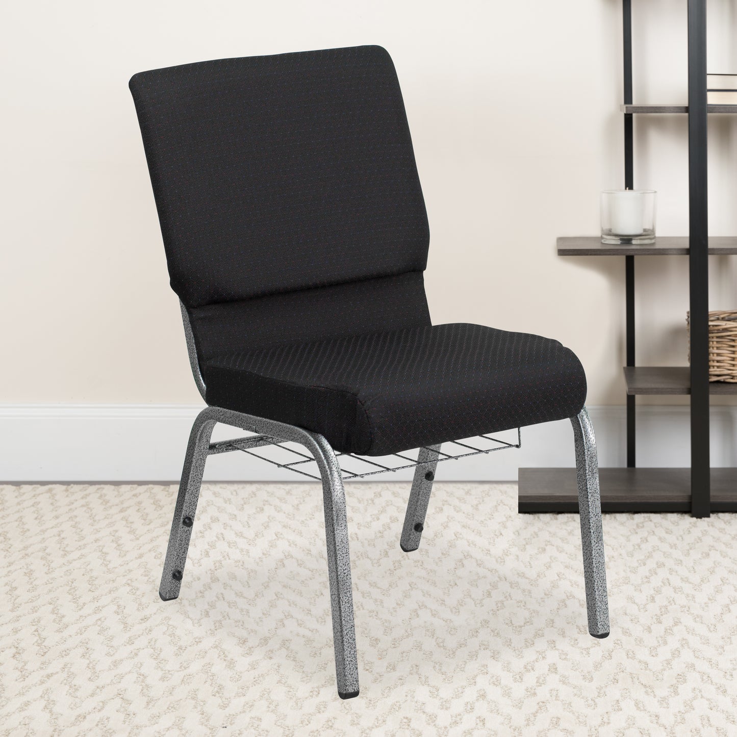 HERCULES Series 18.5''W Church Chair in Black Patterned Fabric with Cup Book Rack - Silver Vein Frame Black Patterned Fabric/Silver Vein Frame