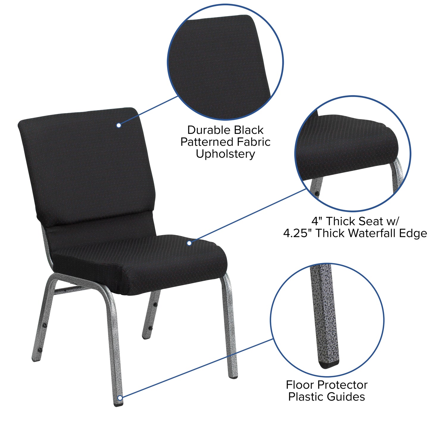 HERCULES Series 18.5''W Stacking Church Chair in Black Patterned Fabric - Silver Vein Frame Black Patterned Fabric/Silver Vein Frame