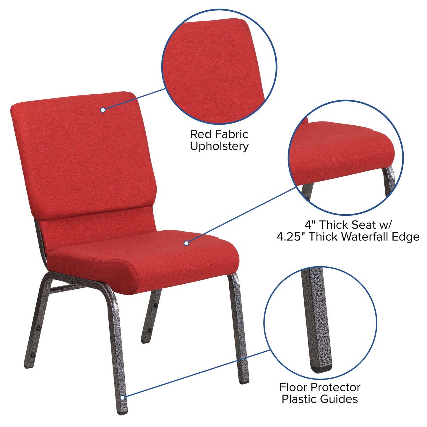 HERCULES Series 18.5''W Stacking Church Chair in Red Fabric - Silver Vein Frame Red Fabric/Silver Vein Frame