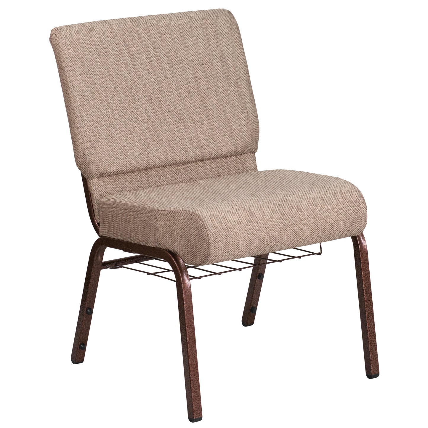 HERCULES Series 21''W Church Chair in Beige Fabric with Book Rack - Copper Vein Frame Beige Fabric/Copper Vein Frame