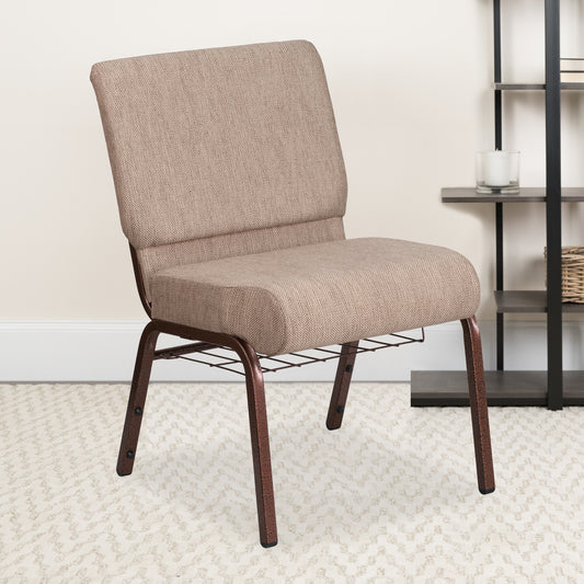 HERCULES Series 21''W Church Chair in Beige Fabric with Book Rack - Copper Vein Frame Beige Fabric/Copper Vein Frame