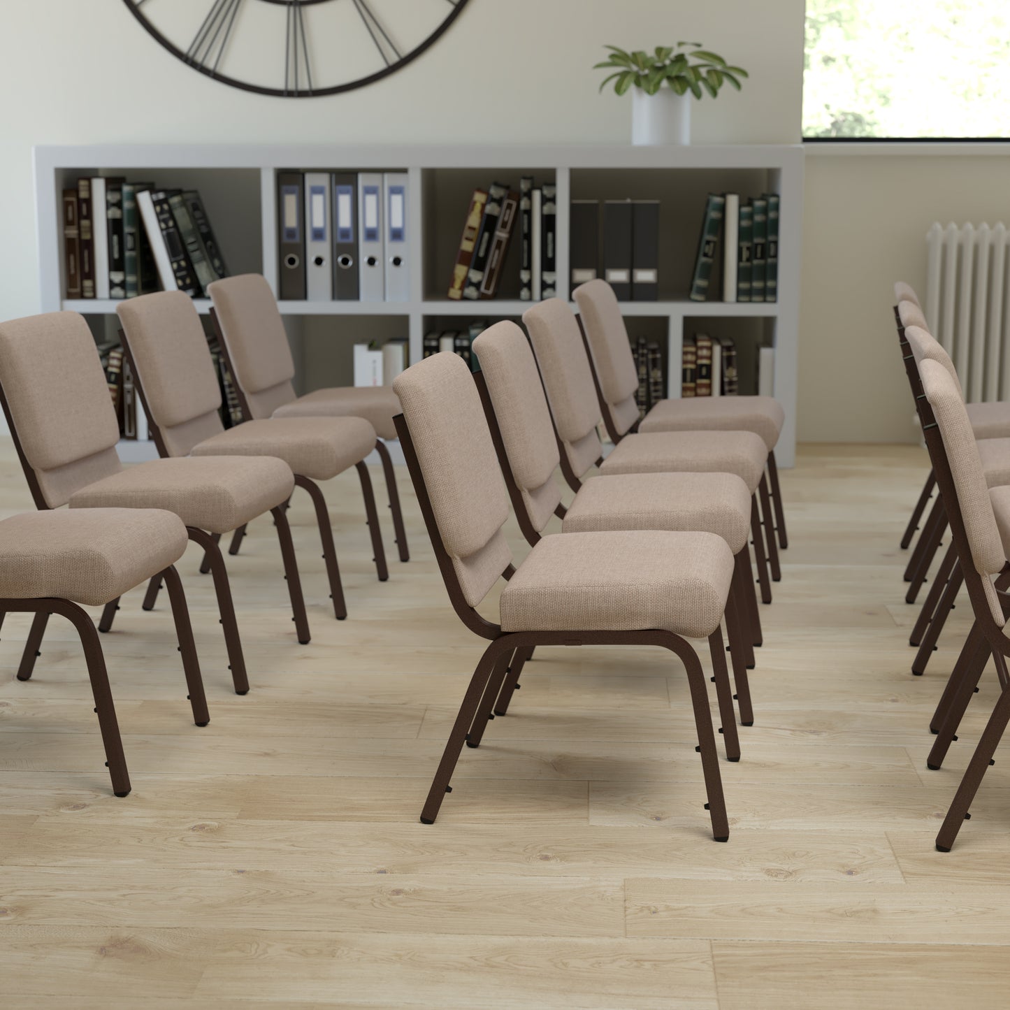 HERCULES Series 21''W Stacking Church Chair in Beige Fabric - Copper Vein Frame Beige Fabric/Copper Vein Frame