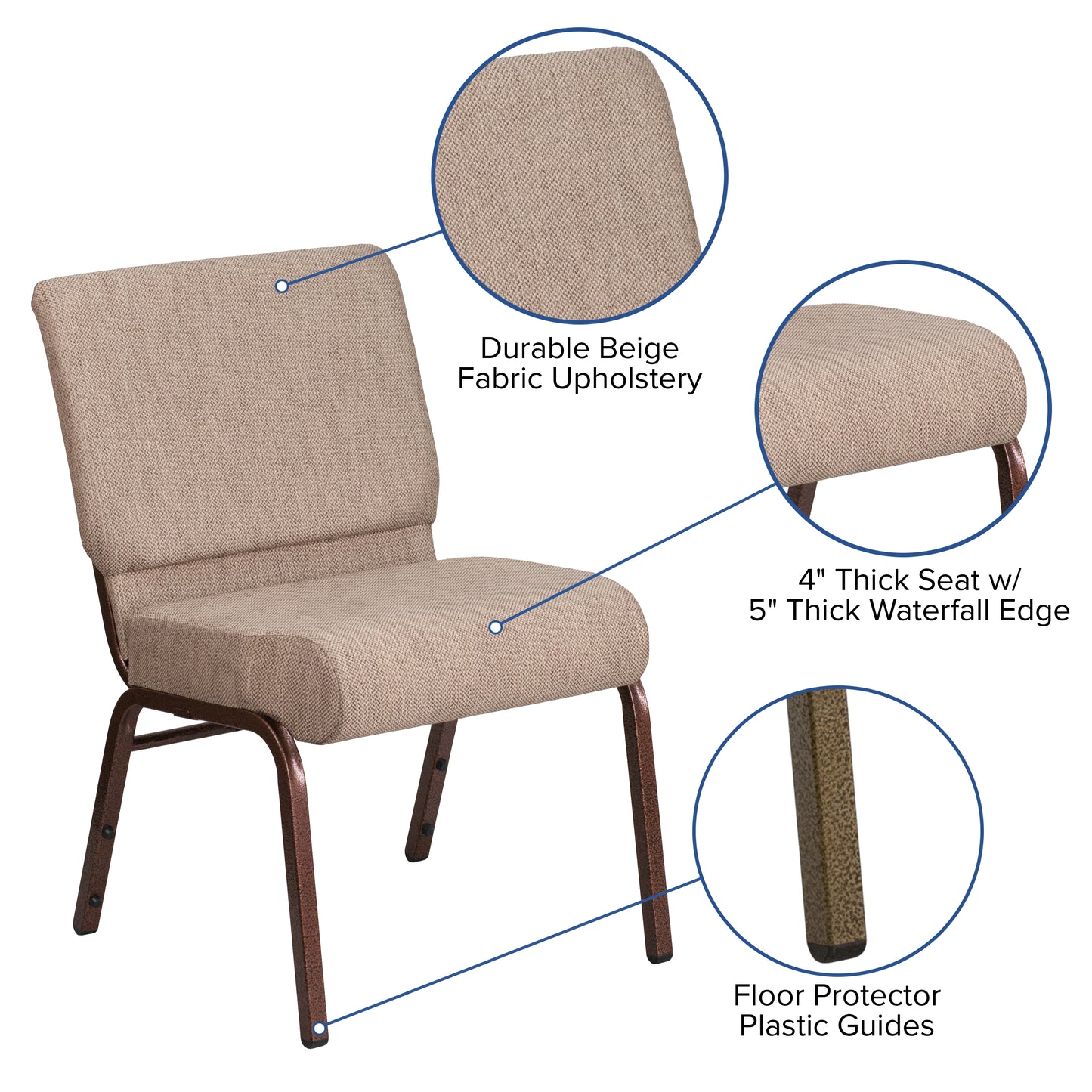 HERCULES Series 21''W Stacking Church Chair in Beige Fabric - Copper Vein Frame Beige Fabric/Copper Vein Frame