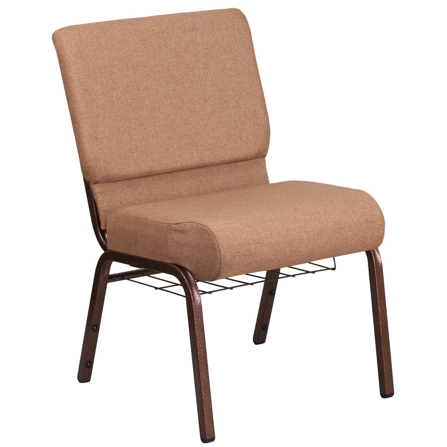 HERCULES Series 21''W Church Chair in Caramel Fabric with Cup Book Rack - Copper Vein Frame Caramel Fabric/Copper Vein Frame