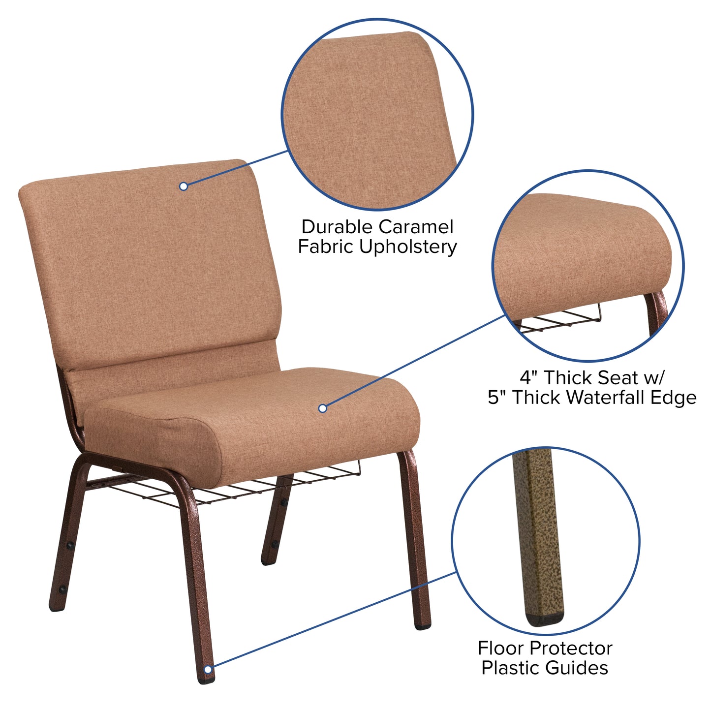 HERCULES Series 21''W Church Chair in Caramel Fabric with Cup Book Rack - Copper Vein Frame Caramel Fabric/Copper Vein Frame
