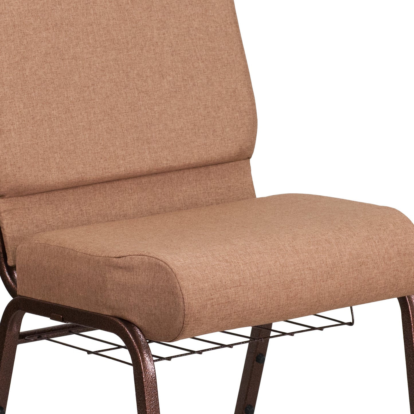 HERCULES Series 21''W Church Chair in Caramel Fabric with Cup Book Rack - Copper Vein Frame Caramel Fabric/Copper Vein Frame