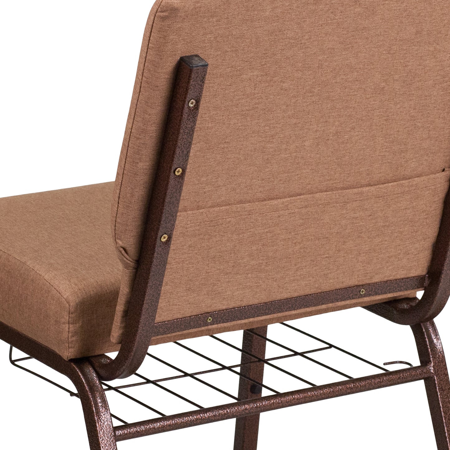 HERCULES Series 21''W Church Chair in Caramel Fabric with Cup Book Rack - Copper Vein Frame Caramel Fabric/Copper Vein Frame