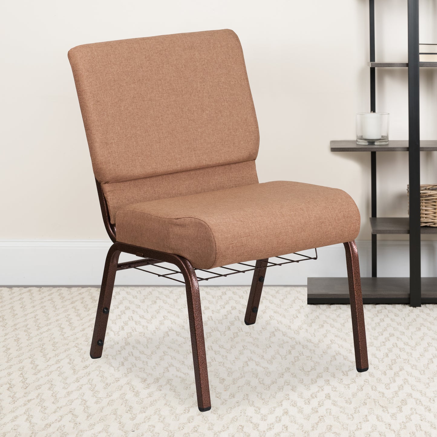 HERCULES Series 21''W Church Chair in Caramel Fabric with Cup Book Rack - Copper Vein Frame Caramel Fabric/Copper Vein Frame