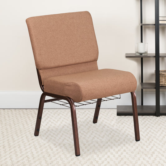 HERCULES Series 21''W Church Chair in Caramel Fabric with Cup Book Rack - Copper Vein Frame Caramel Fabric/Copper Vein Frame