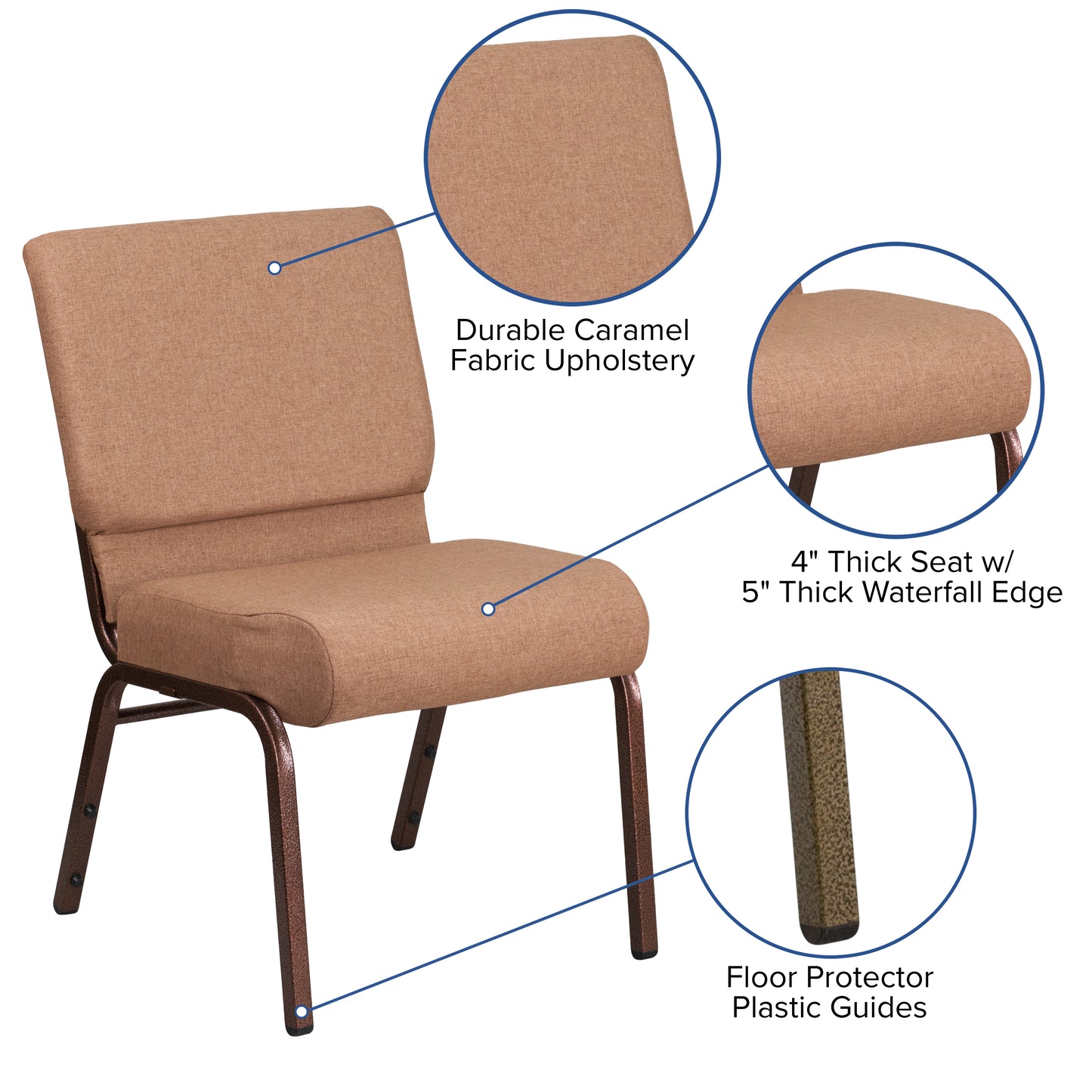 HERCULES Series 21''W Stacking Church Chair in Caramel Fabric - Copper Vein Frame Caramel Fabric/Copper Vein Frame