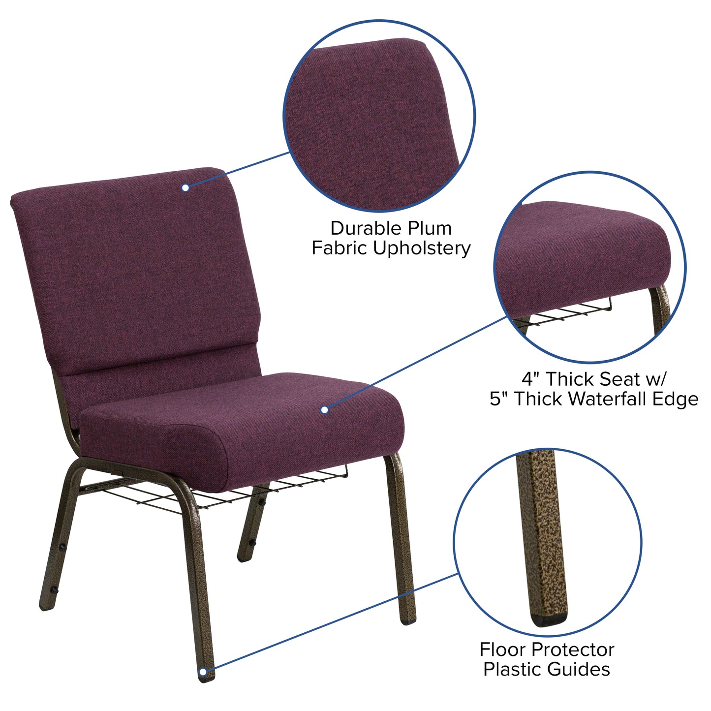 HERCULES Series 21''W Church Chair in Plum Fabric with Cup Book Rack - Gold Vein Frame Plum Fabric/Gold Vein Frame
