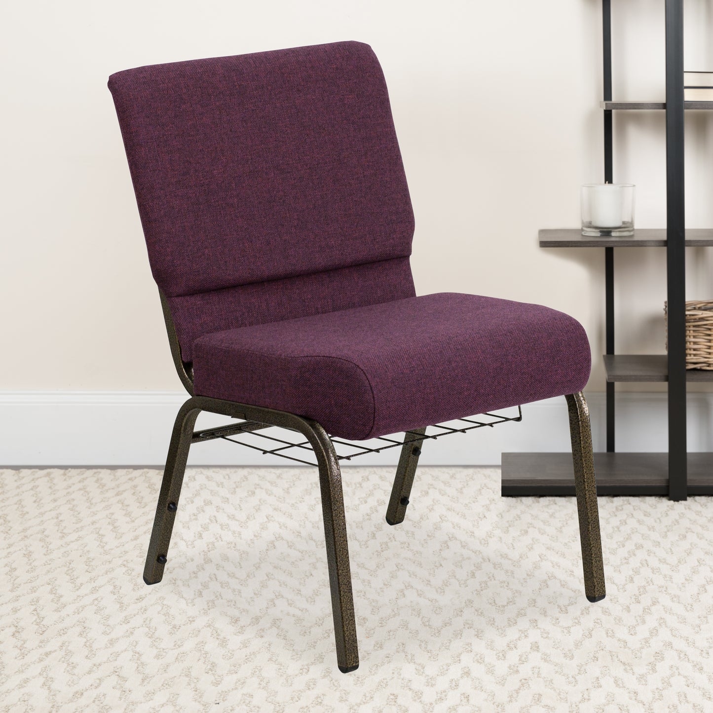 HERCULES Series 21''W Church Chair in Plum Fabric with Cup Book Rack - Gold Vein Frame Plum Fabric/Gold Vein Frame