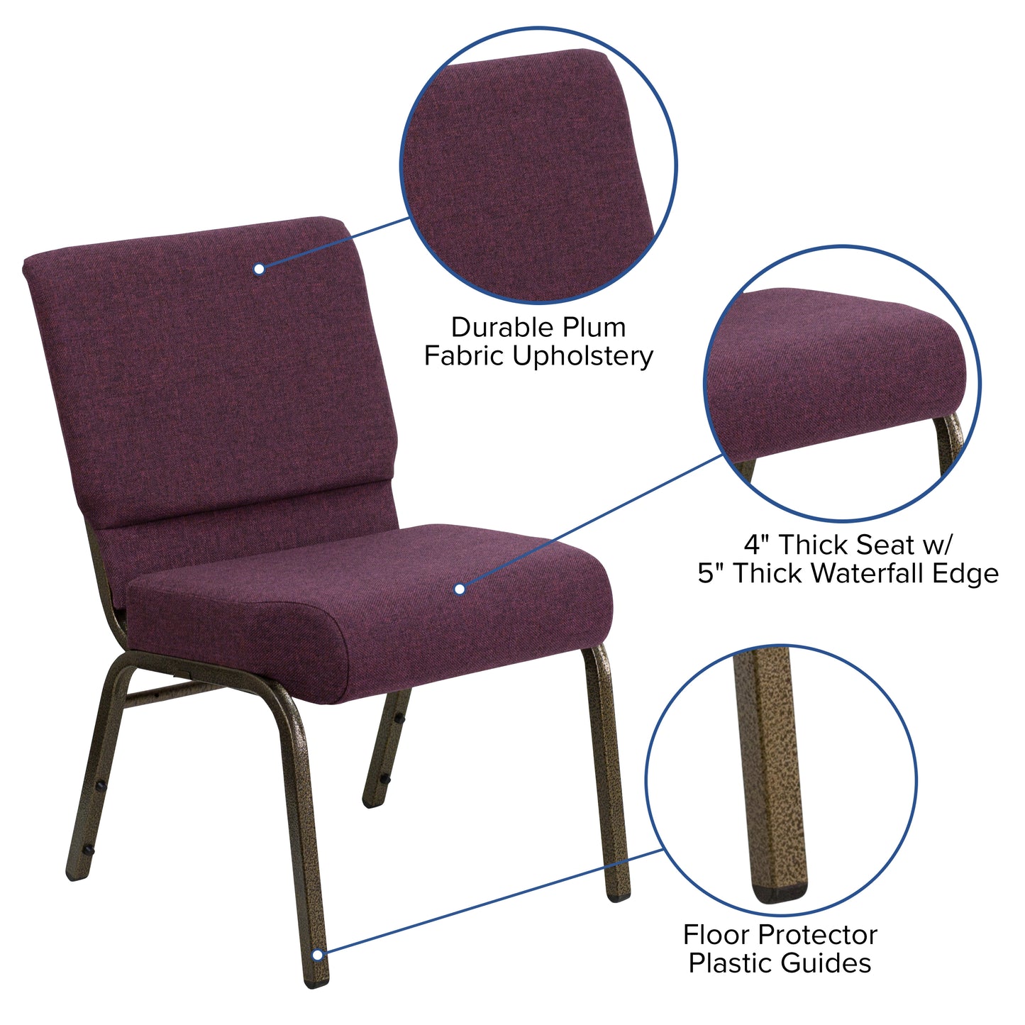 HERCULES Series 21''W Stacking Church Chair in Plum Fabric - Gold Vein Frame Plum Fabric/Gold Vein Frame