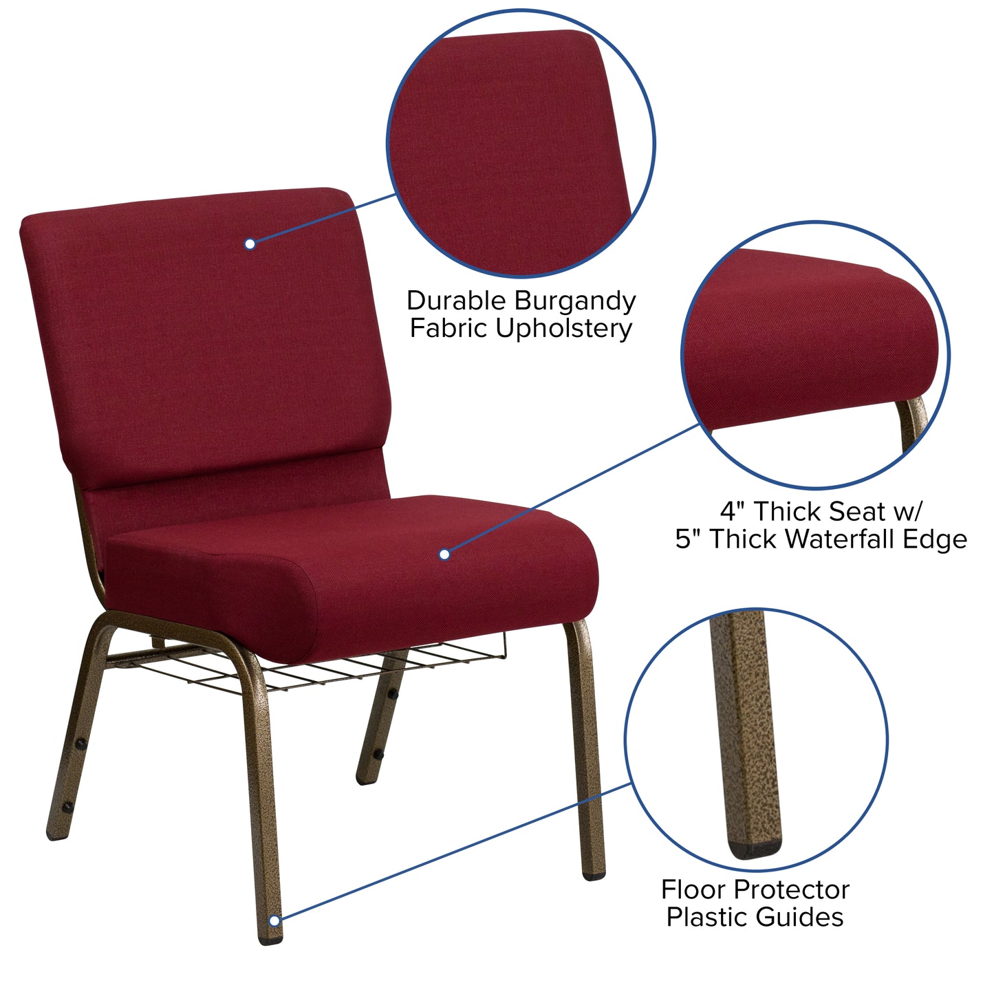 HERCULES Series 21''W Church Chair in Burgundy Fabric with Cup Book Rack - Gold Vein Frame Burgundy Fabric/Gold Vein Frame