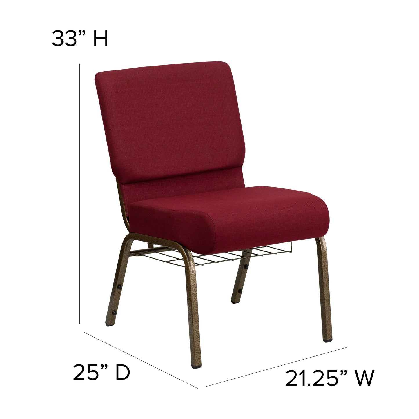 HERCULES Series 21''W Church Chair in Burgundy Fabric with Cup Book Rack - Gold Vein Frame Burgundy Fabric/Gold Vein Frame