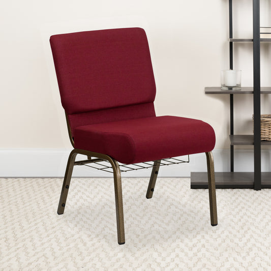 HERCULES Series 21''W Church Chair in Burgundy Fabric with Cup Book Rack - Gold Vein Frame Burgundy Fabric/Gold Vein Frame