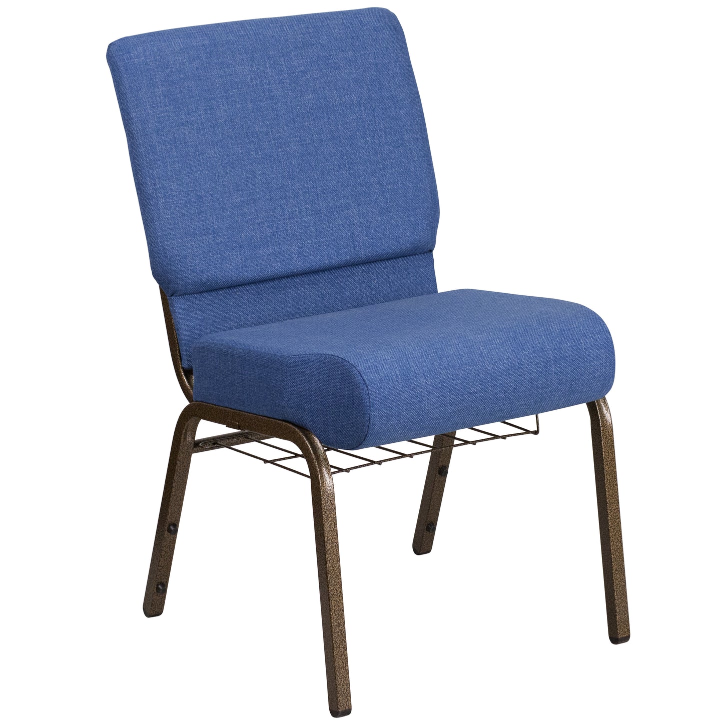 HERCULES Series 21''W Church Chair in Blue Fabric with Cup Book Rack - Gold Vein Frame Blue Fabric/Gold Vein Frame