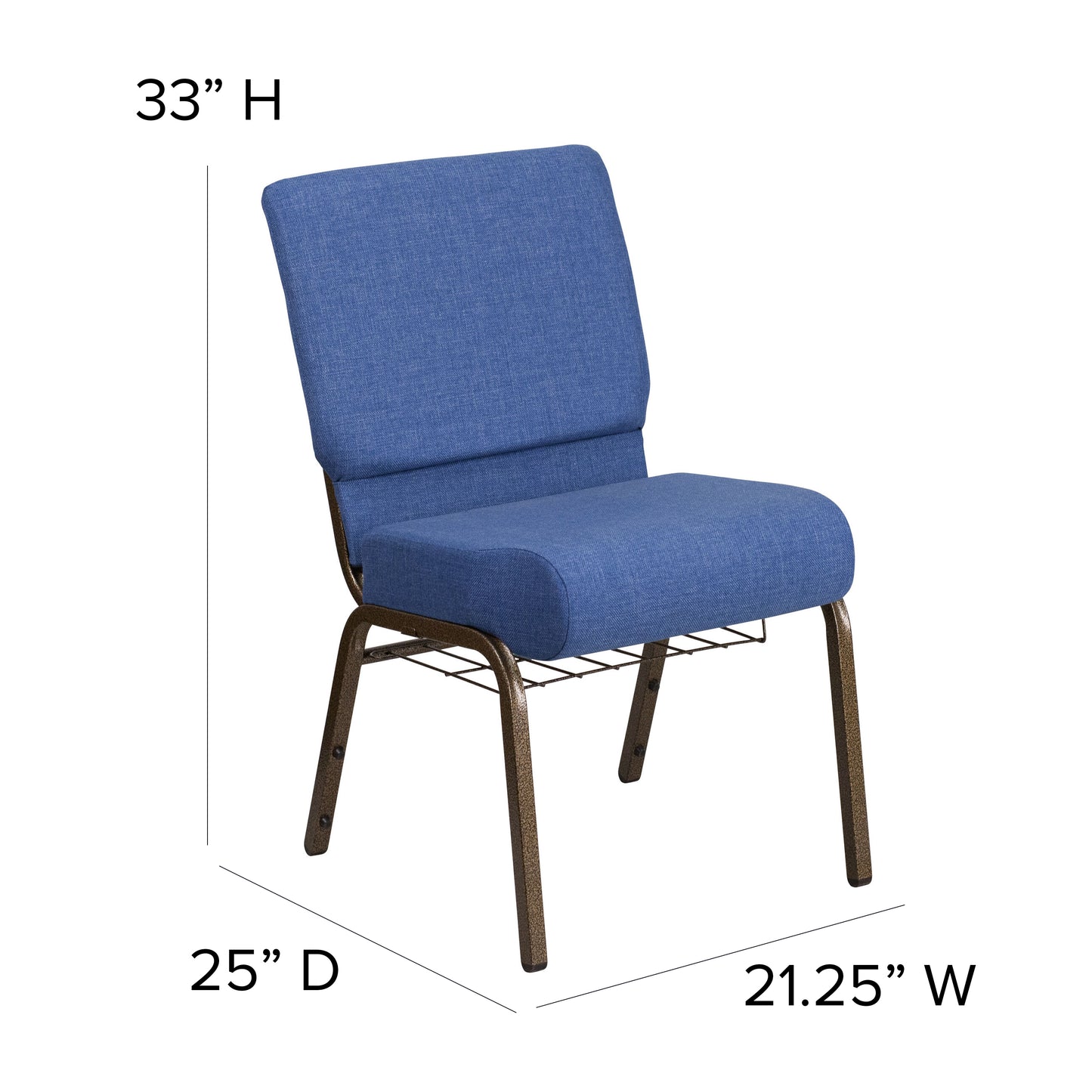 HERCULES Series 21''W Church Chair in Blue Fabric with Cup Book Rack - Gold Vein Frame Blue Fabric/Gold Vein Frame