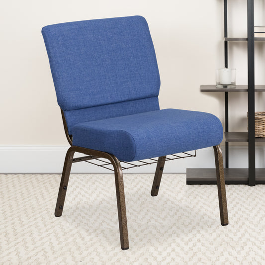 HERCULES Series 21''W Church Chair in Blue Fabric with Cup Book Rack - Gold Vein Frame Blue Fabric/Gold Vein Frame