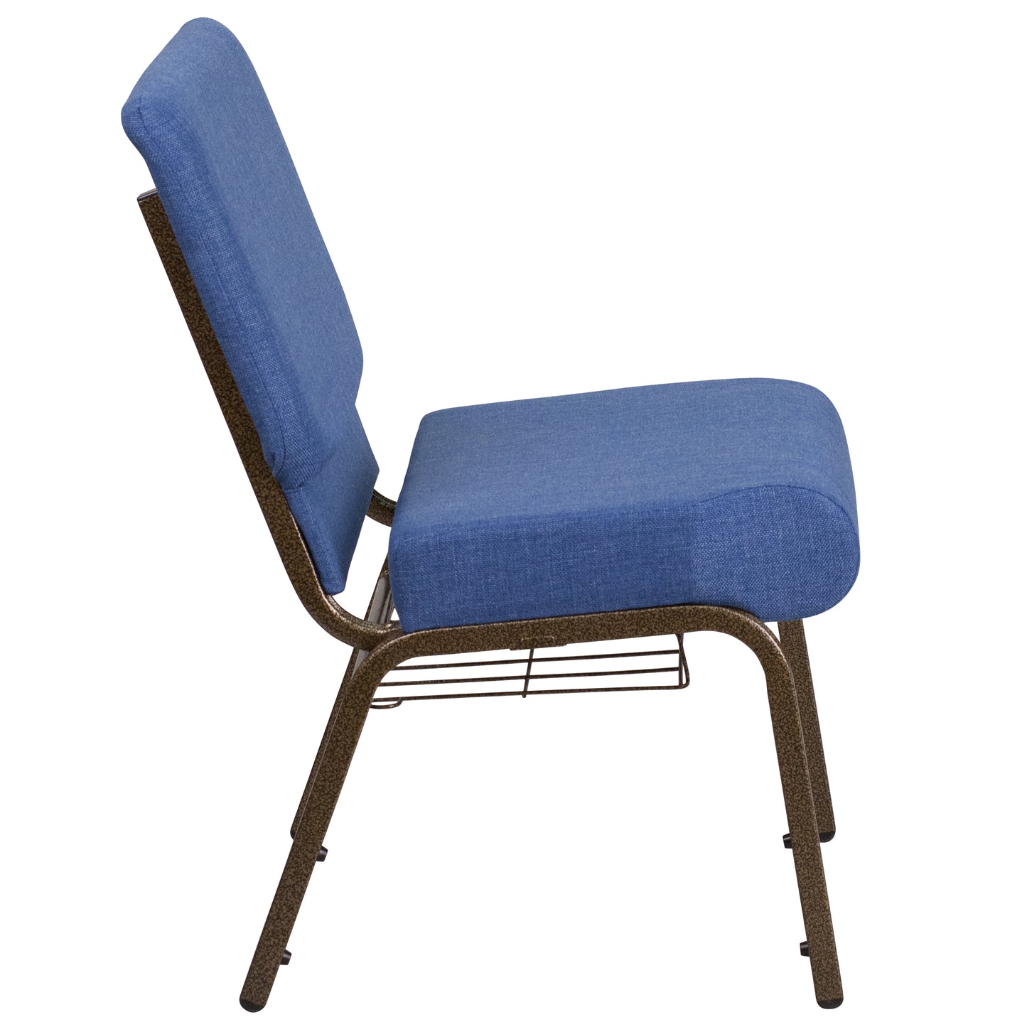 HERCULES Series 21''W Church Chair in Blue Fabric with Cup Book Rack - Gold Vein Frame Blue Fabric/Gold Vein Frame