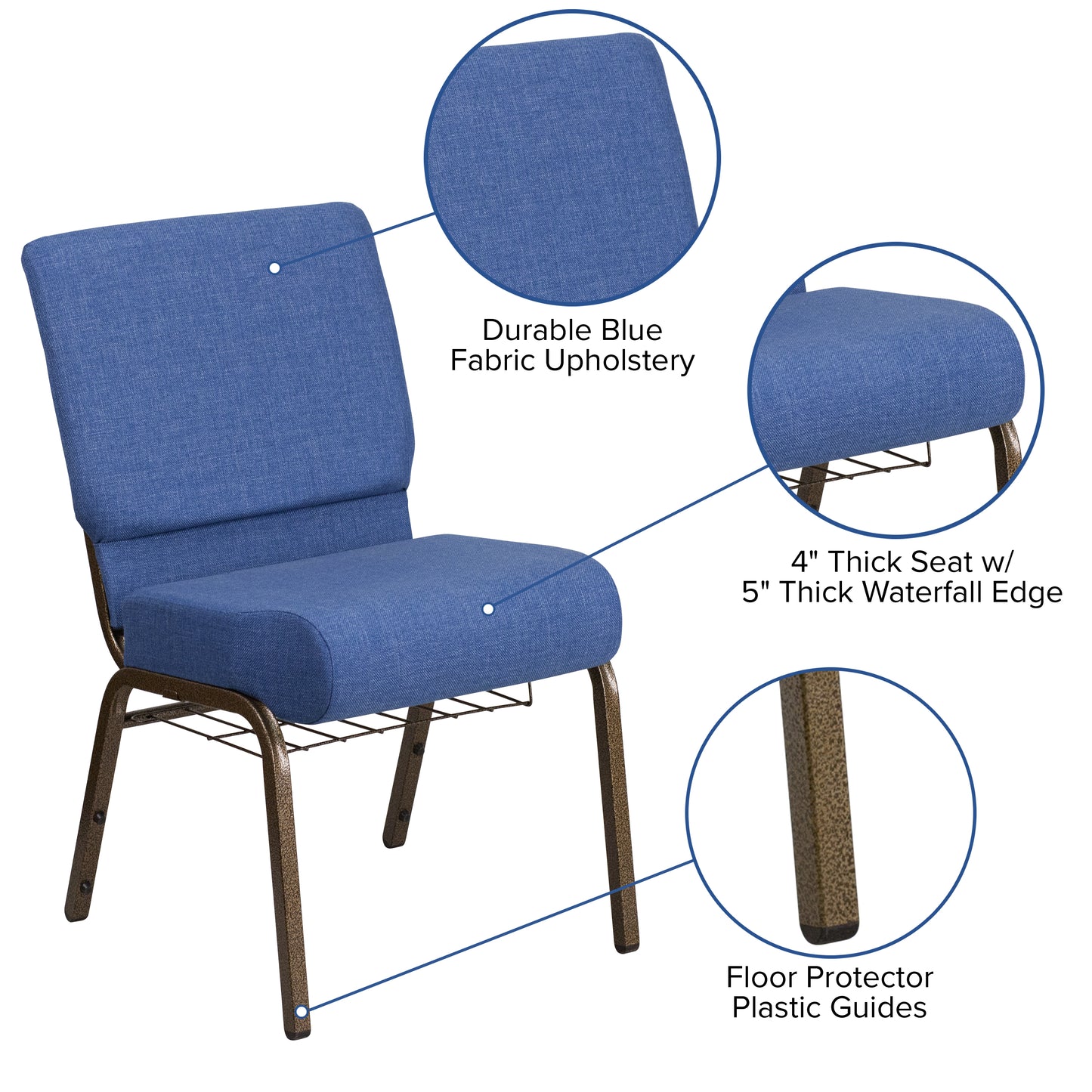 HERCULES Series 21''W Church Chair in Blue Fabric with Cup Book Rack - Gold Vein Frame Blue Fabric/Gold Vein Frame