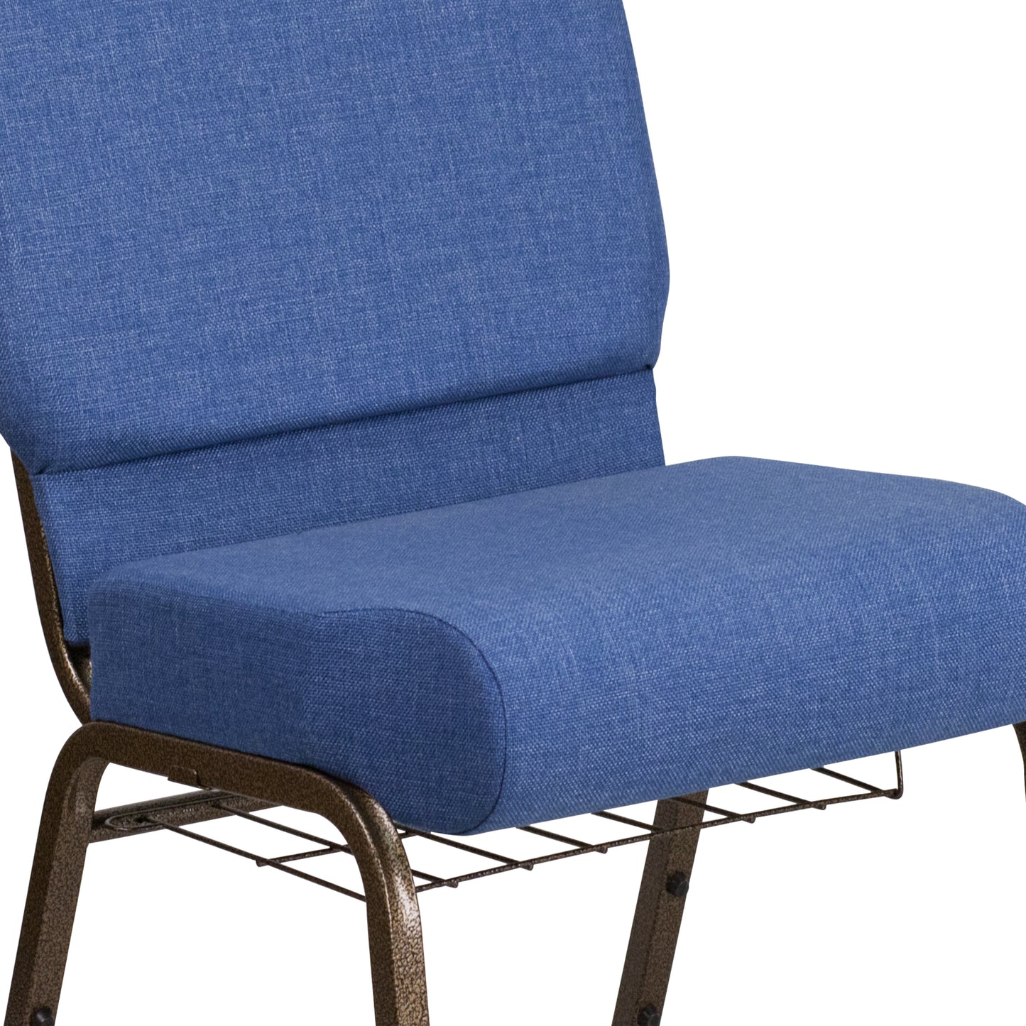 HERCULES Series 21''W Church Chair in Blue Fabric with Cup Book Rack - Gold Vein Frame Blue Fabric/Gold Vein Frame