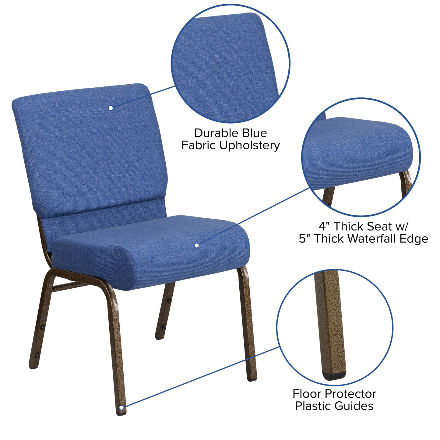 HERCULES Series 21''W Stacking Church Chair in Blue Fabric - Gold Vein Frame Blue Fabric/Gold Vein Frame