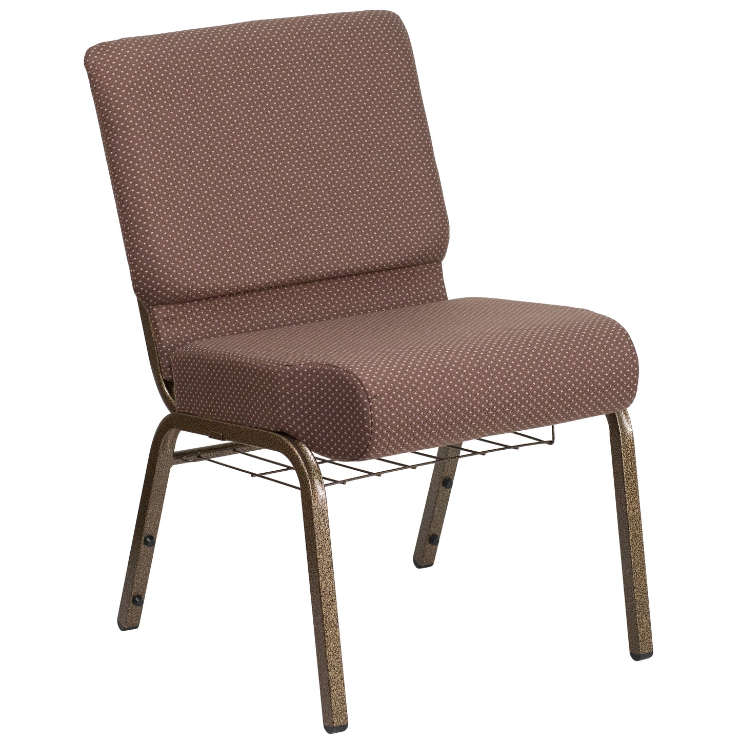 HERCULES Series 21''W Church Chair in Brown Dot Fabric with Book Rack - Gold Vein Frame Brown Dot Fabric/Gold Vein Frame FD-CH0221-4-GV-BNDOT-BAS-GG