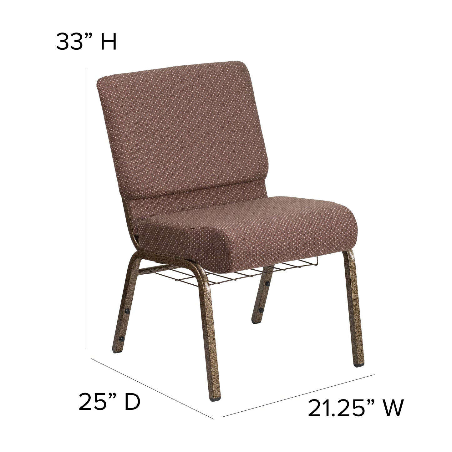 HERCULES Series 21''W Church Chair in Brown Dot Fabric with Book Rack - Gold Vein Frame Brown Dot Fabric/Gold Vein Frame FD-CH0221-4-GV-BNDOT-BAS-GG