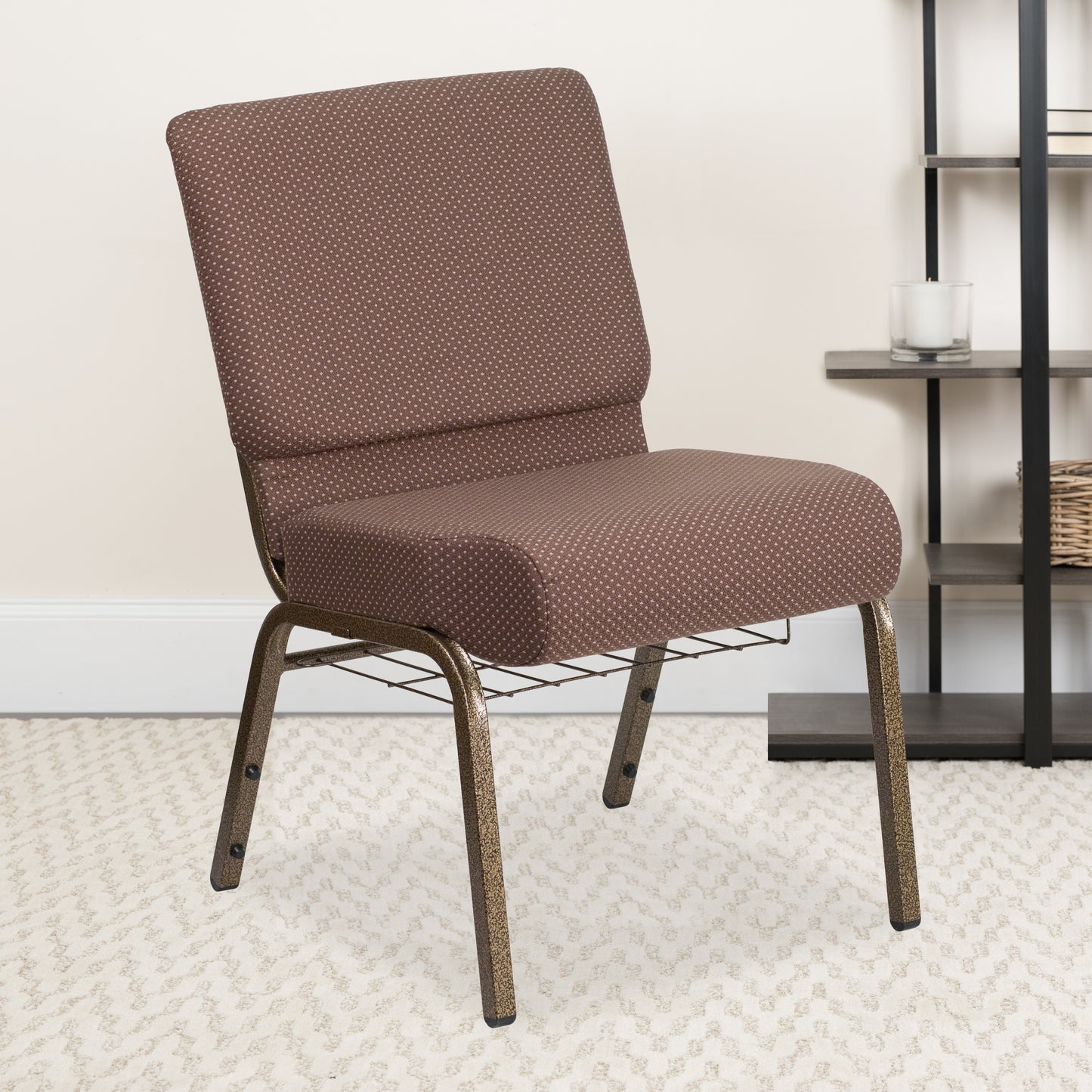 HERCULES Series 21''W Church Chair in Brown Dot Fabric with Book Rack - Gold Vein Frame Brown Dot Fabric/Gold Vein Frame FD-CH0221-4-GV-BNDOT-BAS-GG