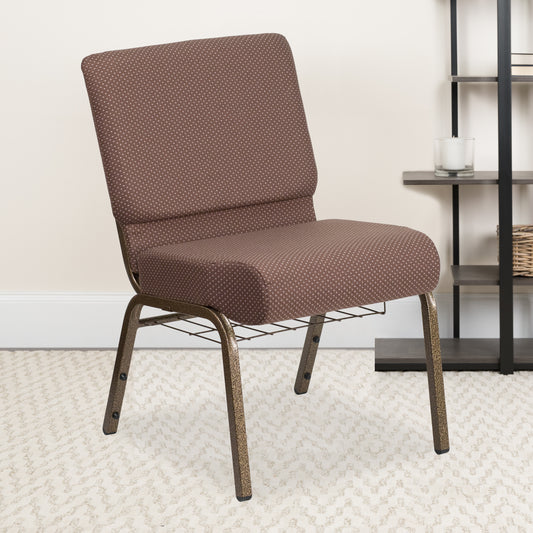 HERCULES Series 21''W Church Chair in Brown Dot Fabric with Book Rack - Gold Vein Frame Brown Dot Fabric/Gold Vein Frame