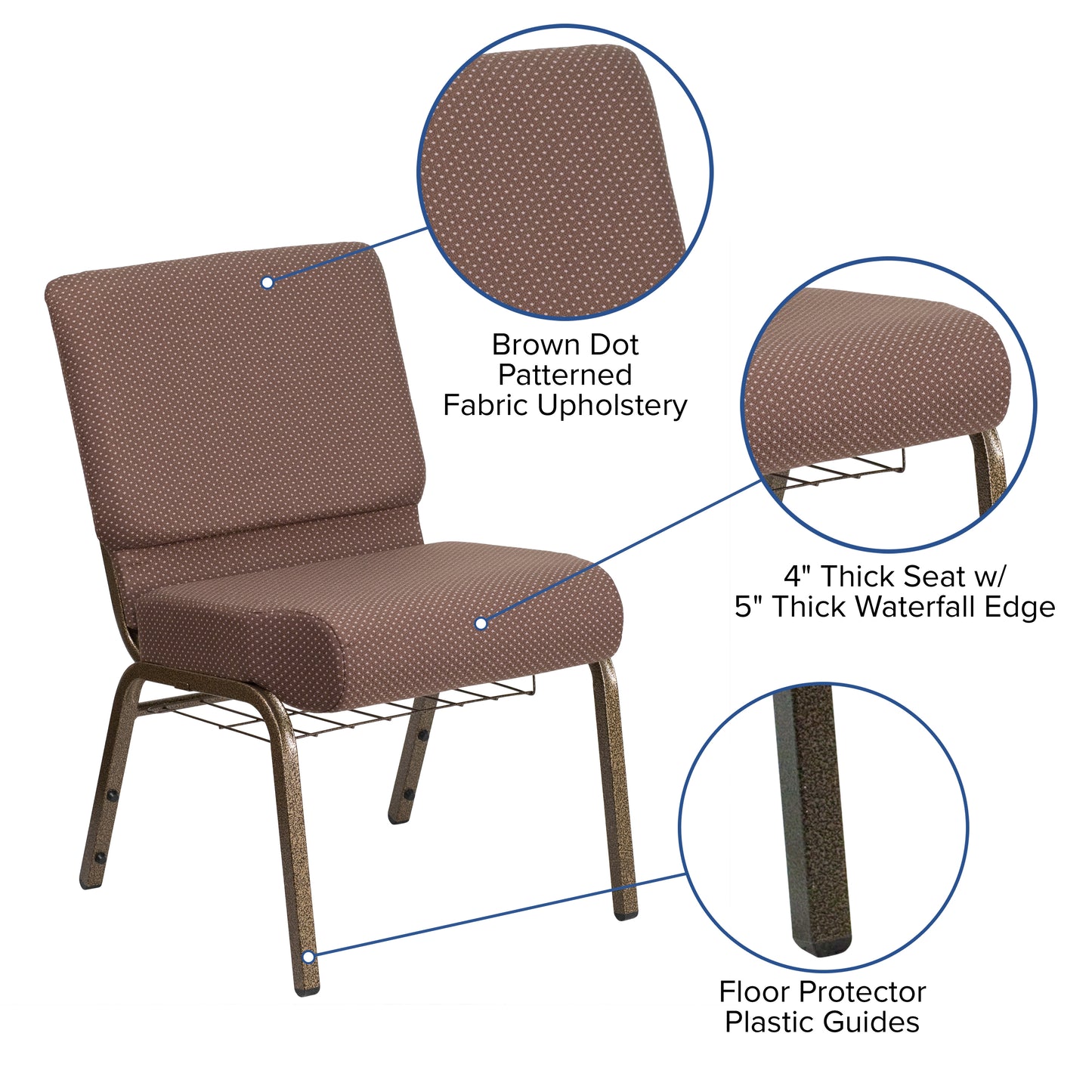 HERCULES Series 21''W Church Chair in Brown Dot Fabric with Book Rack - Gold Vein Frame Brown Dot Fabric/Gold Vein Frame FD-CH0221-4-GV-BNDOT-BAS-GG
