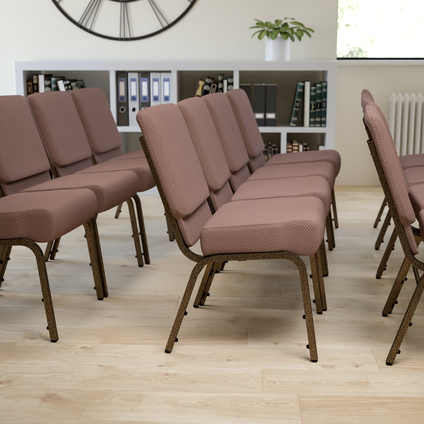 HERCULES Series 21''W Stacking Church Chair in Brown Dot Fabric - Gold Vein Frame Brown Dot Fabric/Gold Vein Frame FD-CH0221-4-GV-BNDOT-GG
