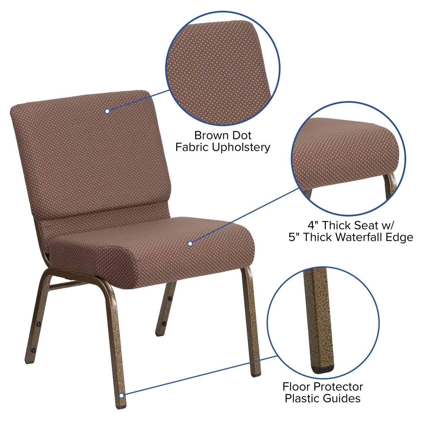 HERCULES Series 21''W Stacking Church Chair in Brown Dot Fabric - Gold Vein Frame Brown Dot Fabric/Gold Vein Frame FD-CH0221-4-GV-BNDOT-GG