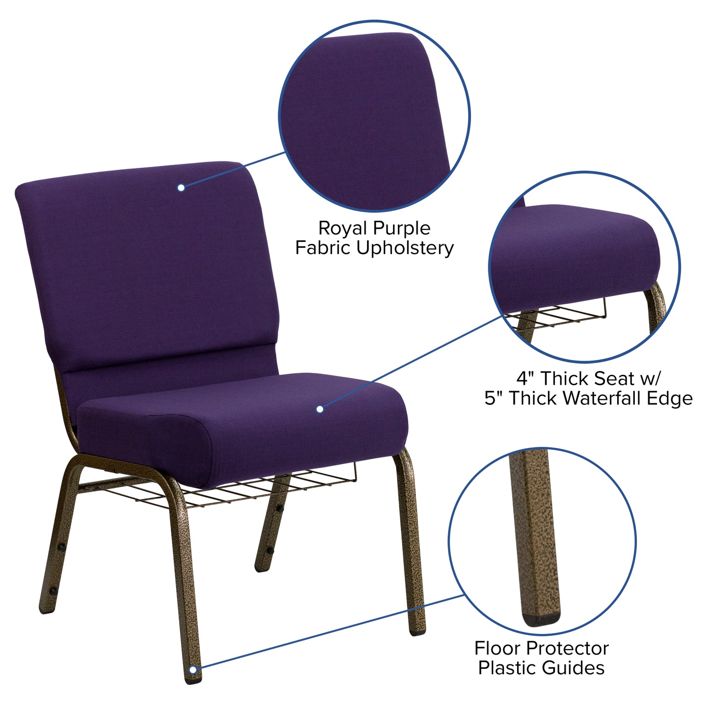 HERCULES Series 21''W Church Chair in Royal Purple Fabric with Cup Book Rack - Gold Vein Frame Royal Purple Fabric/Gold Vein Frame
