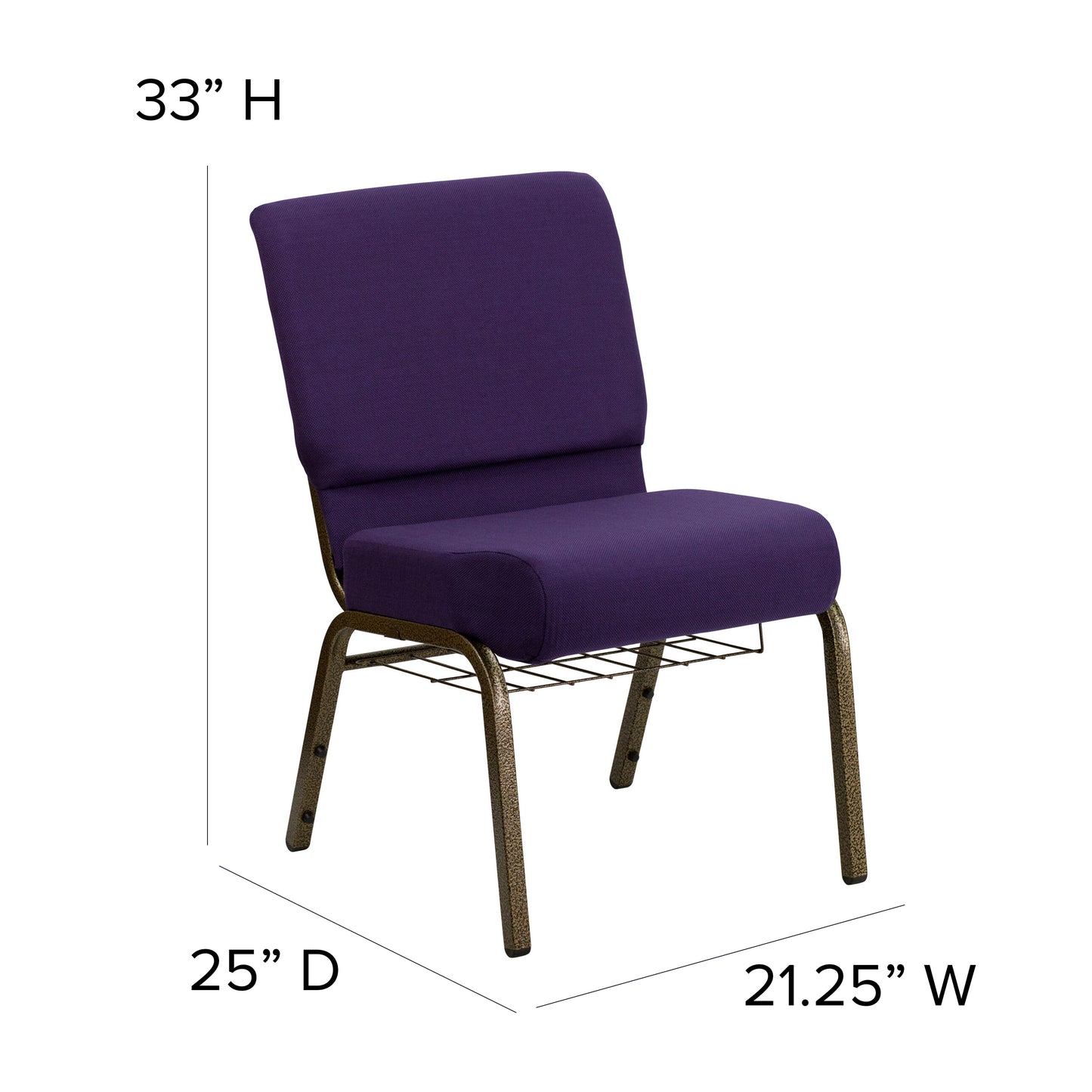 HERCULES Series 21''W Church Chair in Royal Purple Fabric with Cup Book Rack - Gold Vein Frame Royal Purple Fabric/Gold Vein Frame